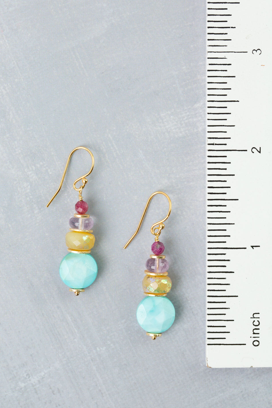 Treasure Honey Opal, Amethyst, Ruby with Turquoise Simple Earrings