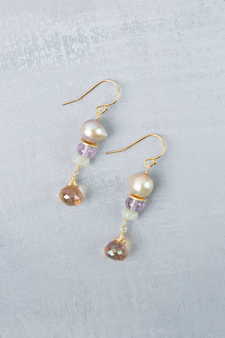 Treasure Citrine, Freshwater Pearl, Amethyst Dangle Earrings
