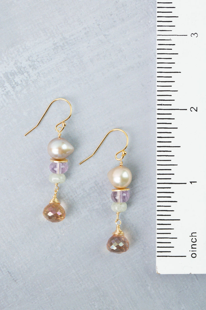 Treasure Citrine, Freshwater Pearl, Amethyst Dangle Earrings