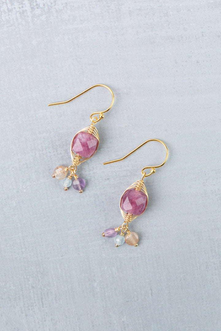 Treasure Amethyst, Aquamarine, Peach Moonstone with Ruby Herringbone Earrings