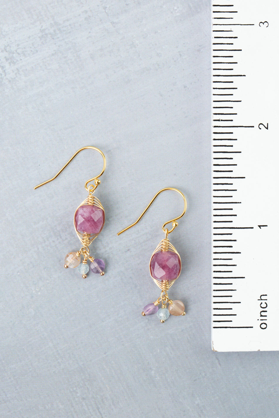 Treasure Amethyst, Aquamarine, Peach Moonstone with Ruby Herringbone Earrings