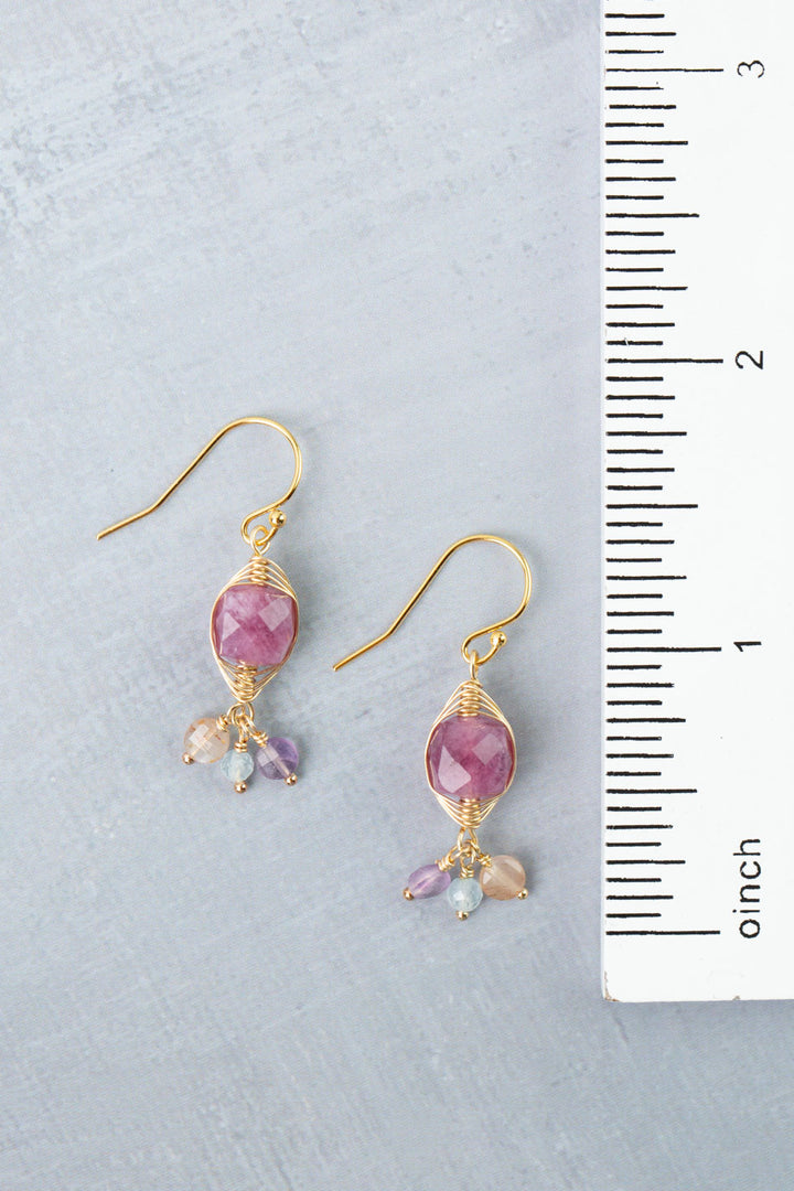 Treasure Amethyst, Aquamarine, Peach Moonstone with Ruby Herringbone Earrings