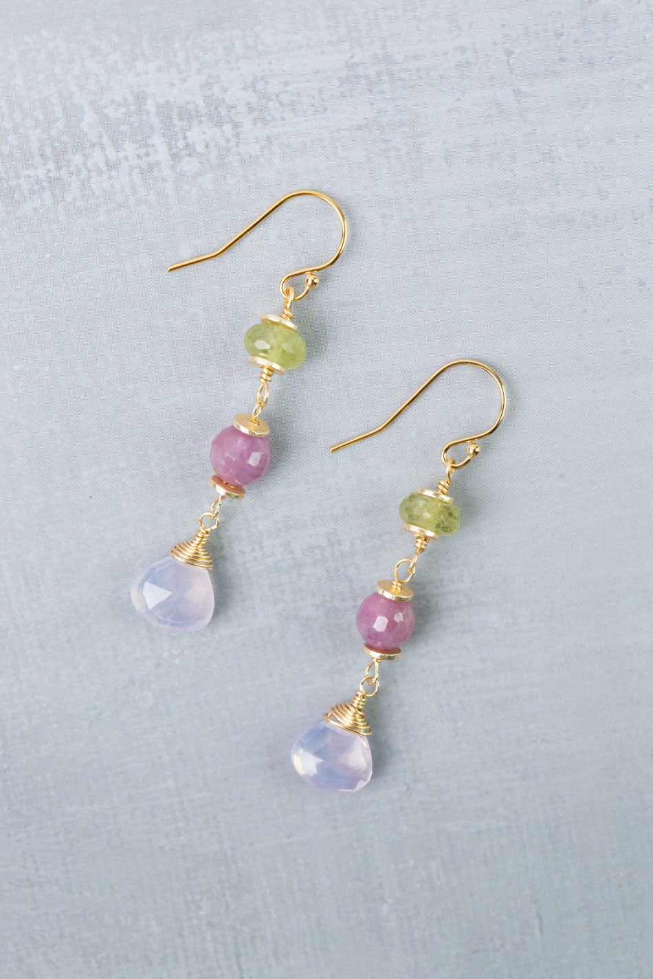 Treasure Ruby, Lavender Quartz, Gossular Garnet Dangle Earrings