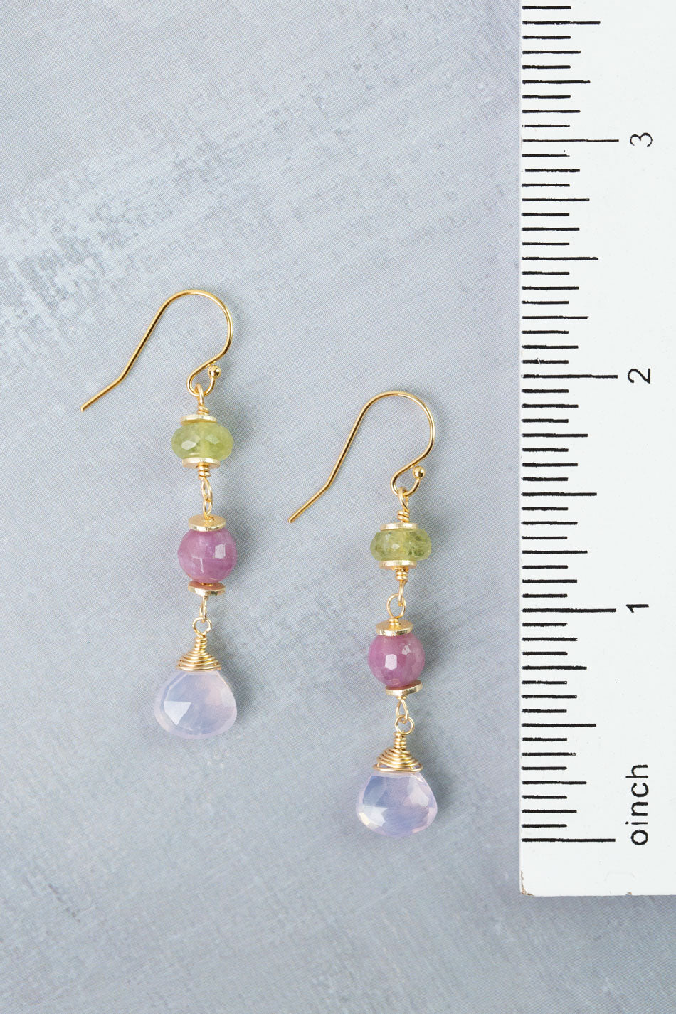 Treasure Ruby, Lavender Quartz, Gossular Garnet Dangle Earrings