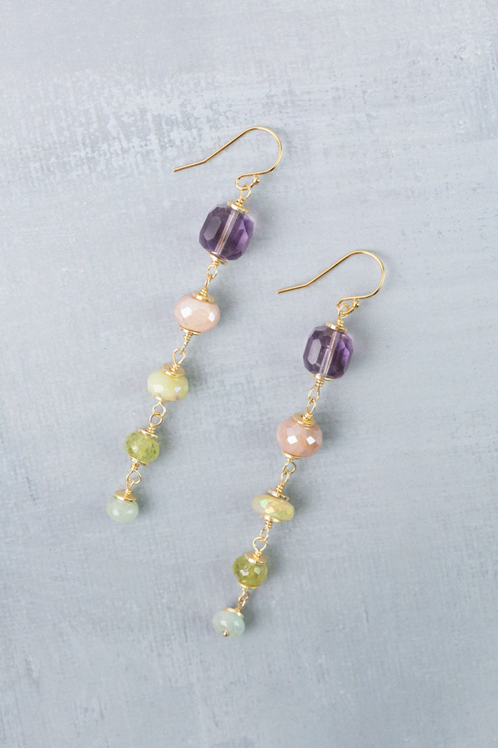Treasure Peach Moonstone, Amethyst, Honey Opal Dangle Earrings