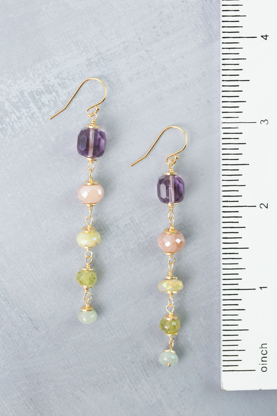 Treasure Peach Moonstone, Amethyst, Honey Opal Dangle Earrings