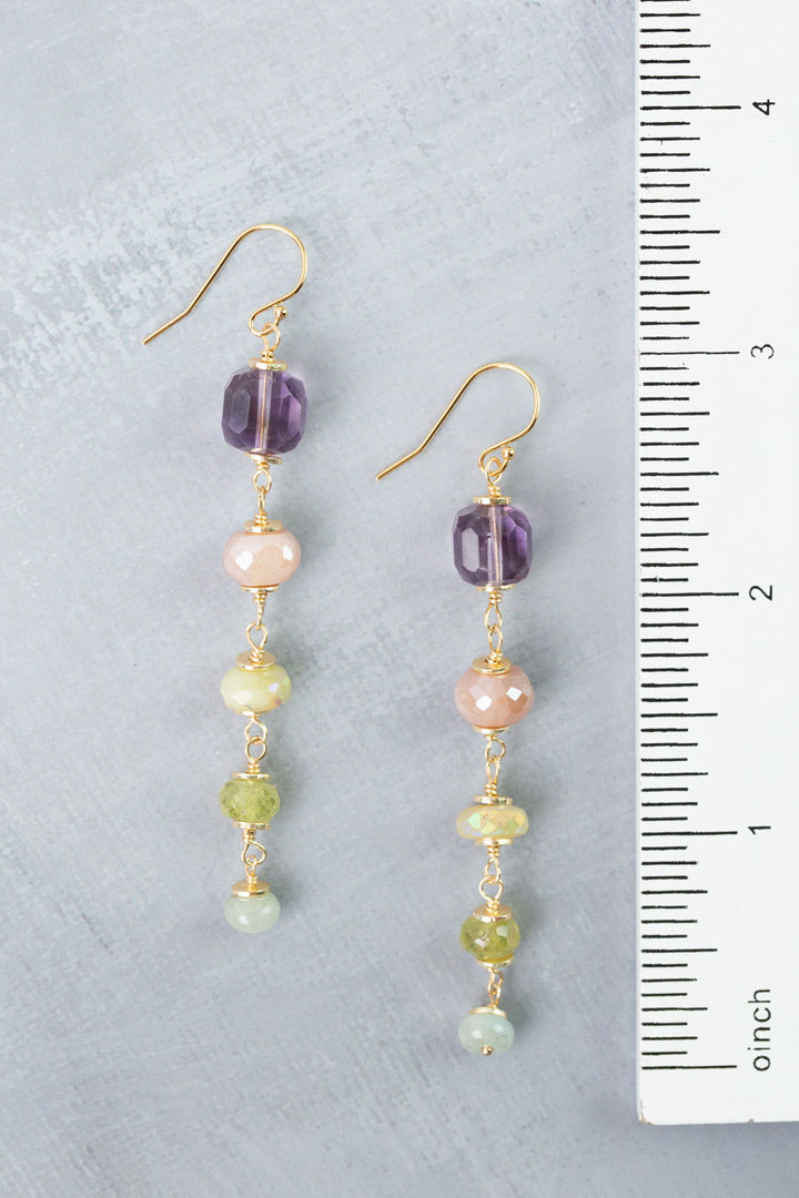 Treasure Peach Moonstone, Amethyst, Honey Opal Dangle Earrings