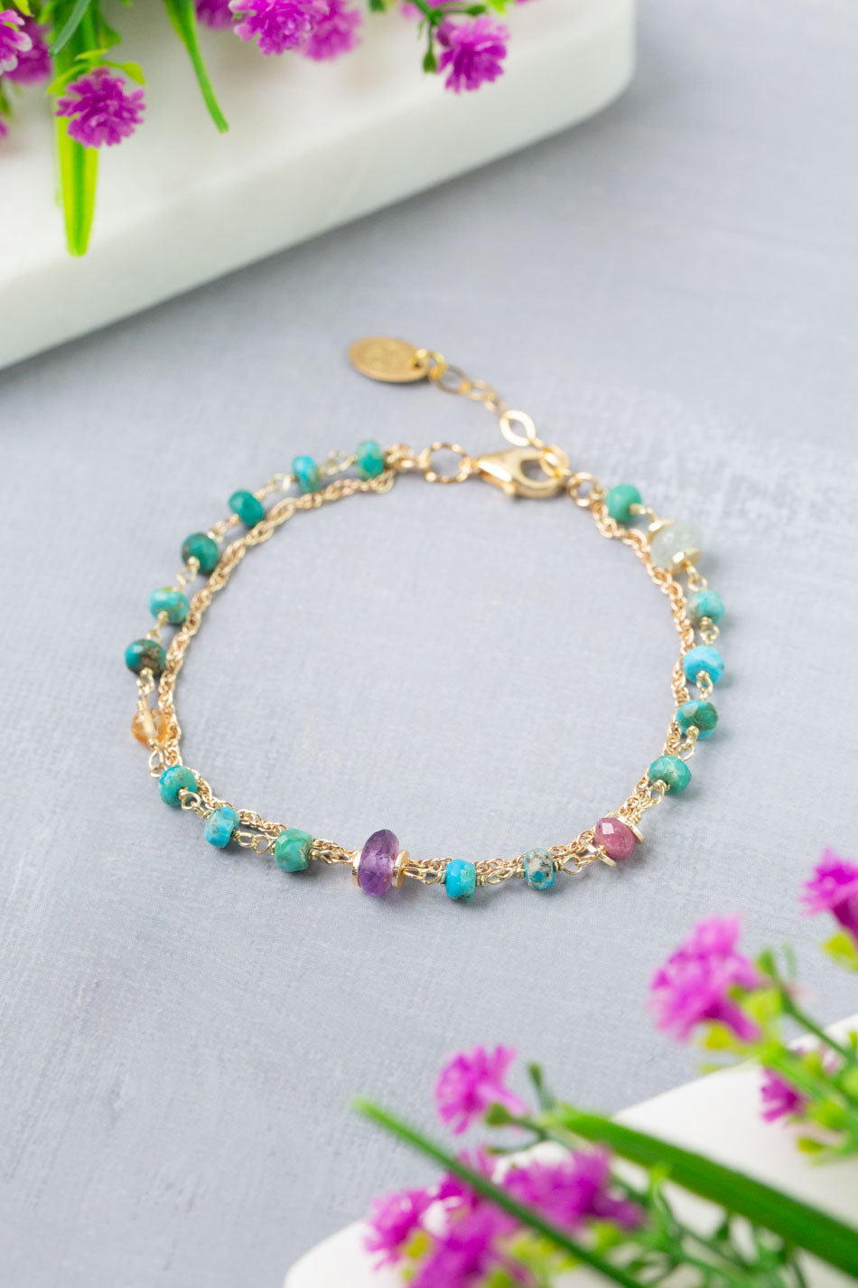 Treasure 7.5-8.5" Ruby, Turquoise, Amethyst, Citrine Multistrand Bracelet