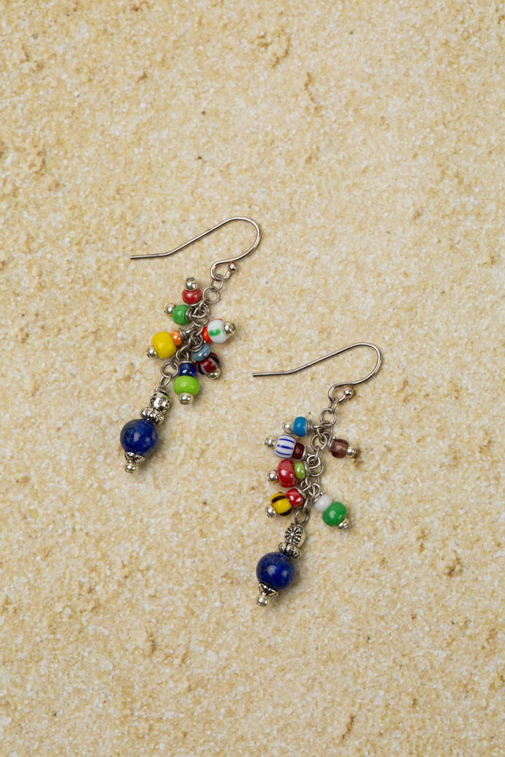 United Colorful African Trade Beads With Lapis Lazuli Cluster Earrings