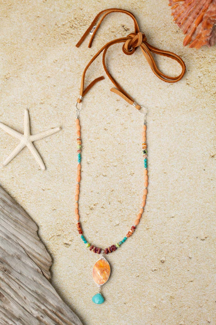 Unity Adjustable Herringbone Wire Wrapped Spiny Oyster With Natural Faceted Turquoise Briolette Statement Necklace