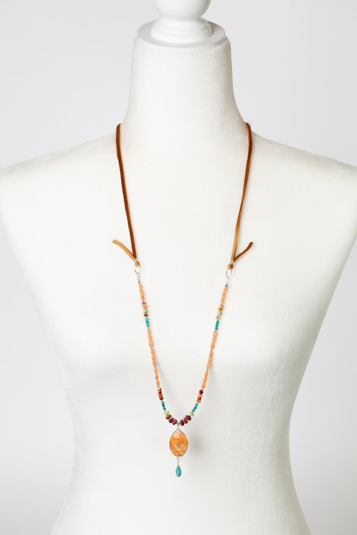 Unity Adjustable Herringbone Wire Wrapped Spiny Oyster With Natural Faceted Turquoise Briolette Statement Necklace
