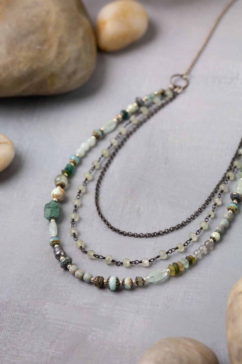 Venetian Dreams 21.5-23.5" Freshwater Pearl, Fluorite, Roman Glass Multistrand Necklace