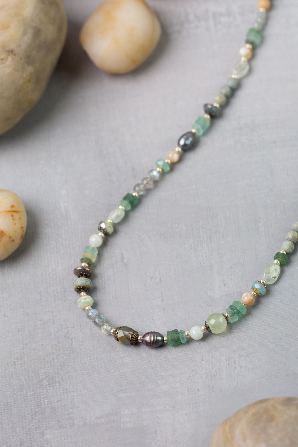 Venetian Dreams 15-17" Peruvian Opal, Fluorite, Czech Glass, Roman Glass, Freshwater Pearl Collage Necklace