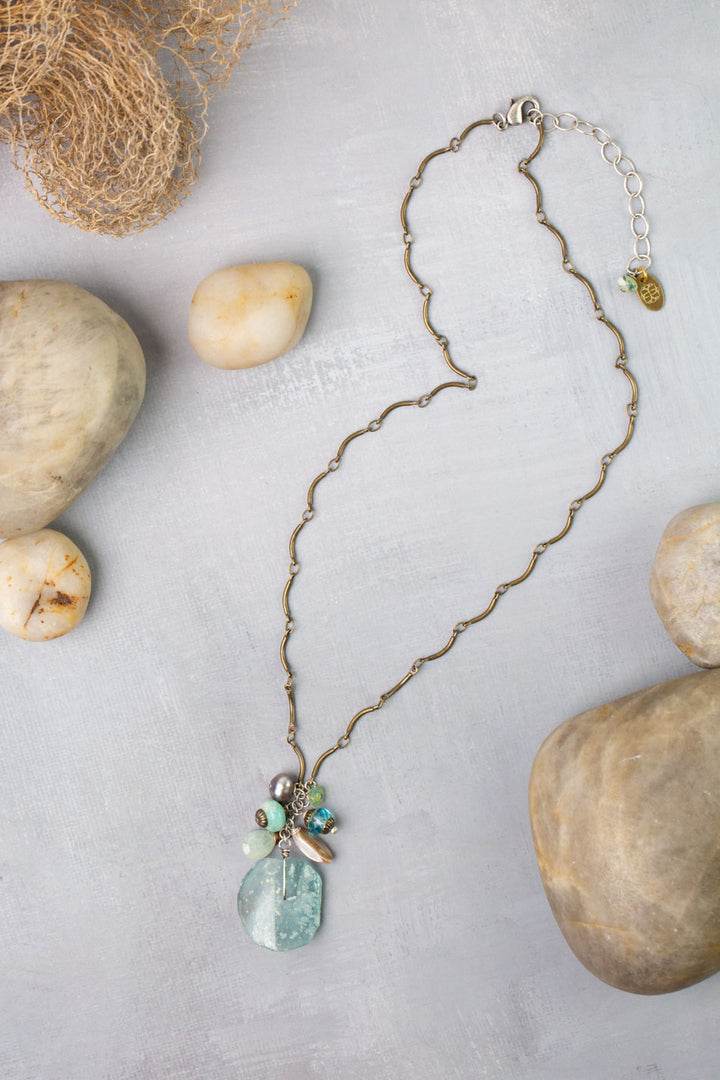 Venetian Dreams 17-19" Freshwater Pearl, Abalone Shell, Amazonite With Roman Glass Cluster Necklace