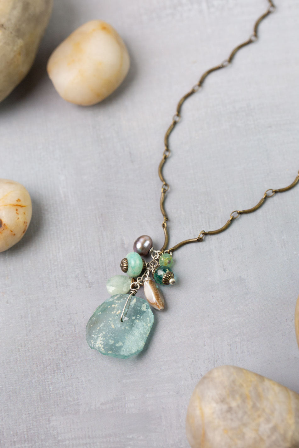 Venetian Dreams 17-19" Freshwater Pearl, Abalone Shell, Amazonite With Roman Glass Cluster Necklace