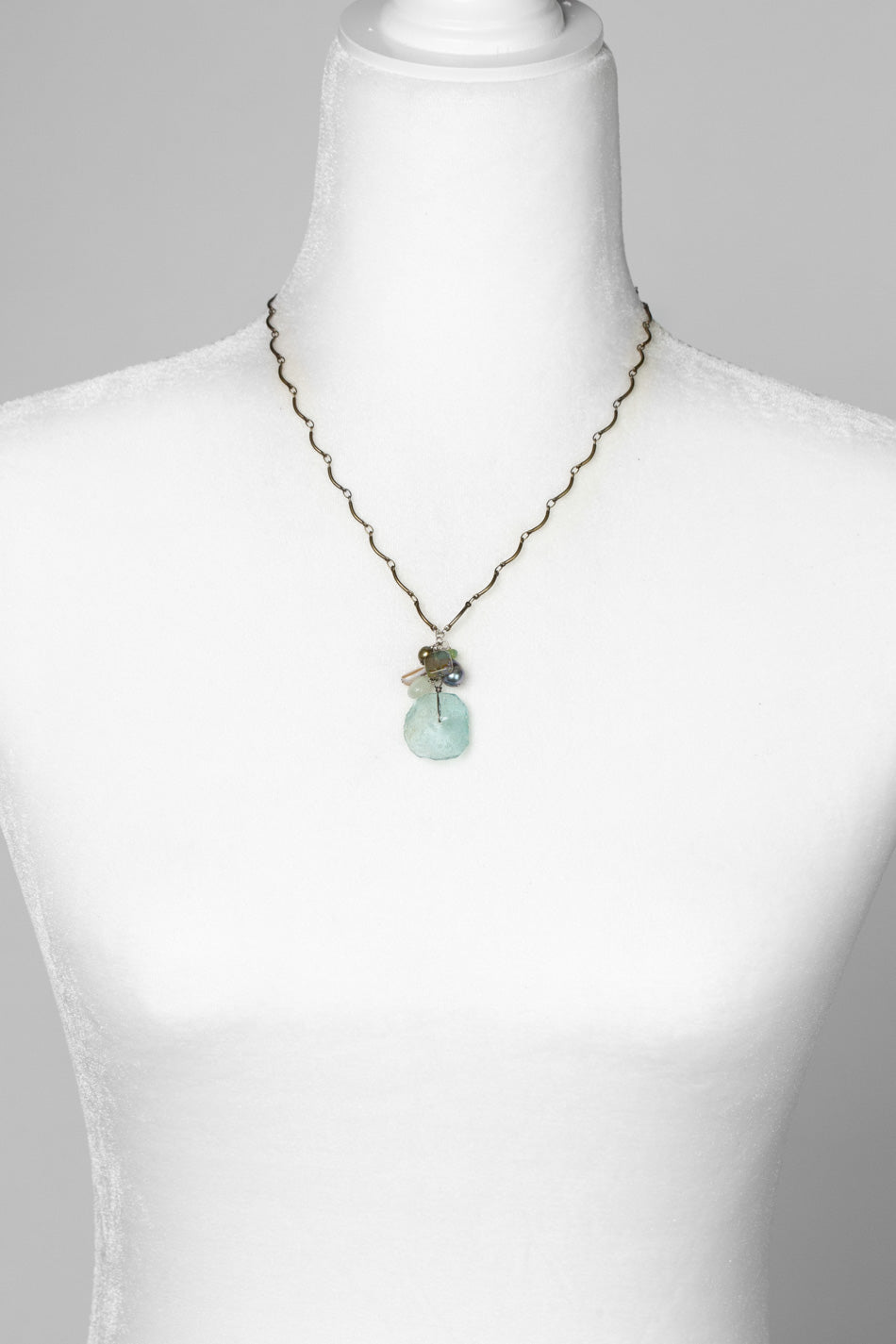 Venetian Dreams 17-19" Freshwater Pearl, Abalone Shell, Amazonite With Roman Glass Cluster Necklace