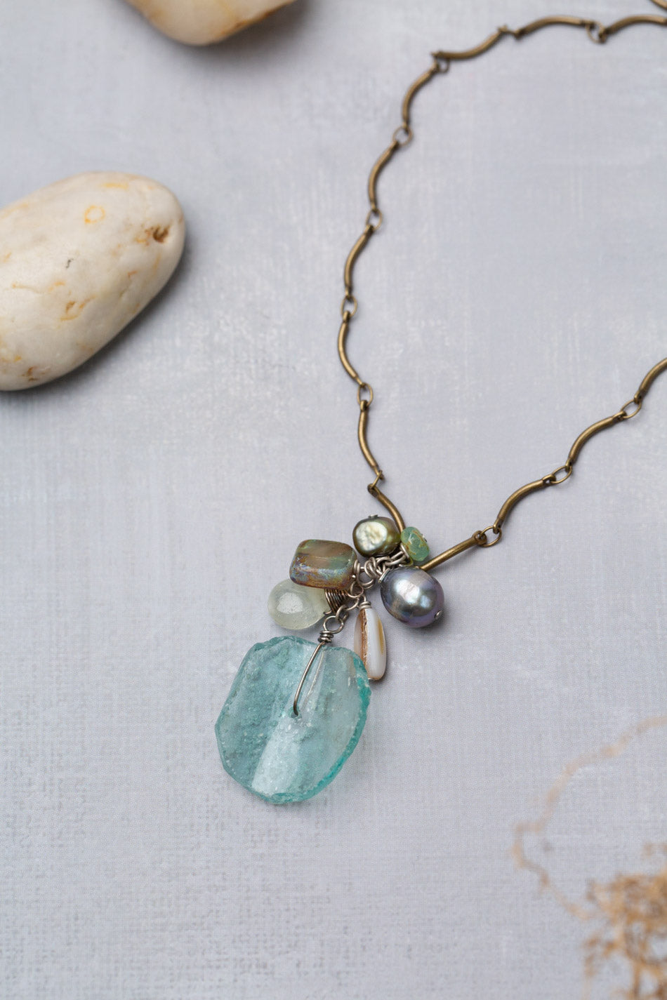 Venetian Dreams 17-19" Freshwater Pearl, Abalone Shell, Amazonite With Roman Glass Cluster Necklace