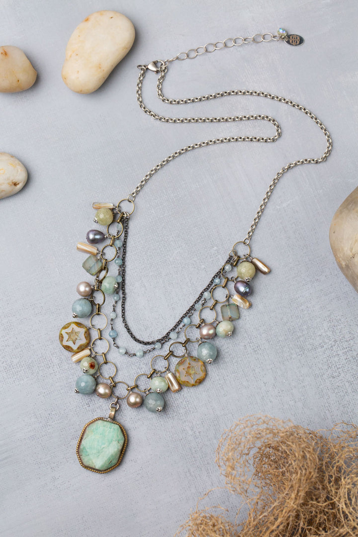 Venetian Dreams 22-24" Freshwater Pearl, Aquamarine, Abalone Shell With Faceted Amazonite Pendant Statement Necklace