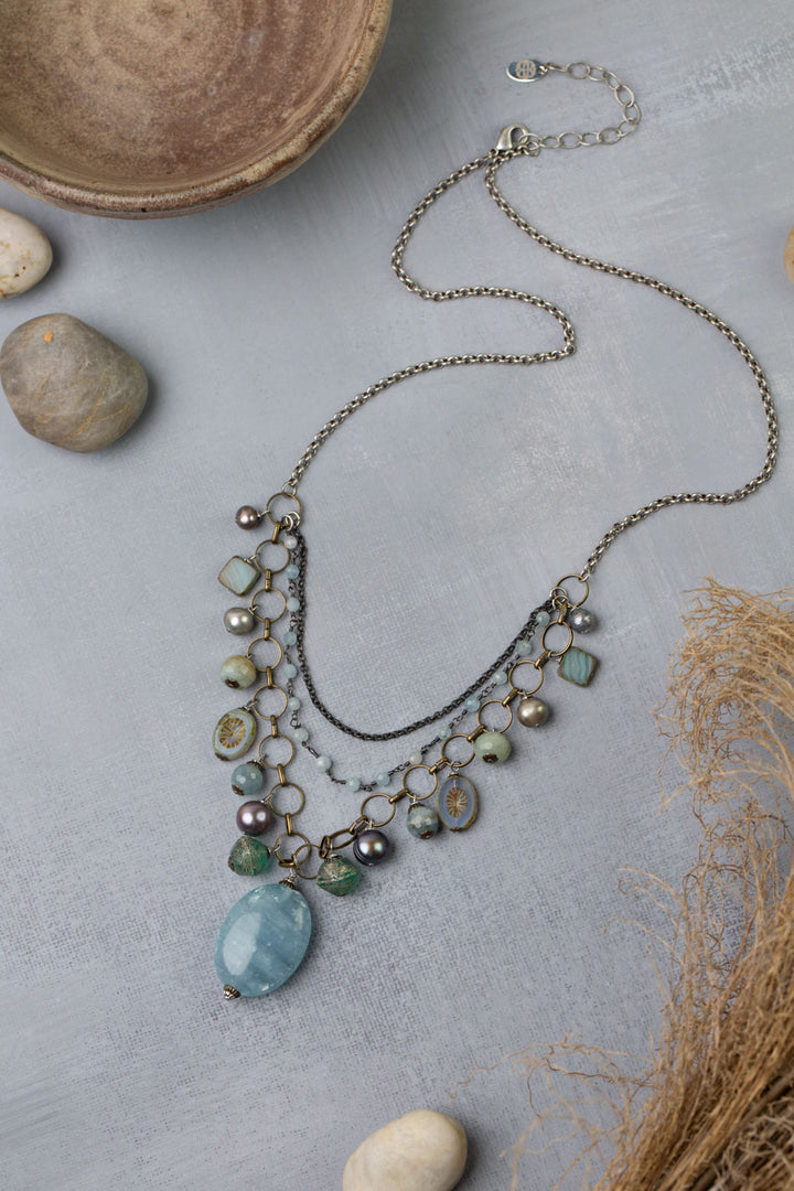 Venetian Dreams 22-24" Freshwater Pearl, Aquamarine, Abalone Shell With Limited Calcite Pendant Statement Necklace