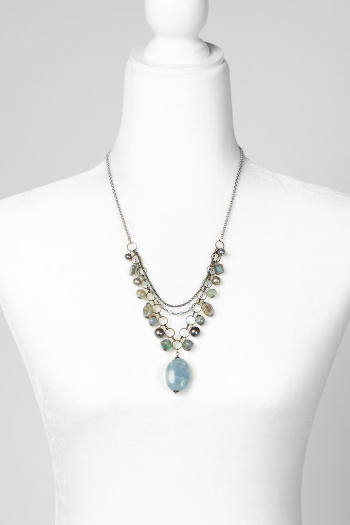 Venetian Dreams 22-24" Freshwater Pearl, Aquamarine, Abalone Shell With Limited Calcite Pendant Statement Necklace