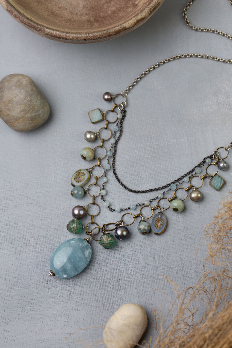 Venetian Dreams 22-24" Freshwater Pearl, Aquamarine, Abalone Shell With Limited Calcite Pendant Statement Necklace