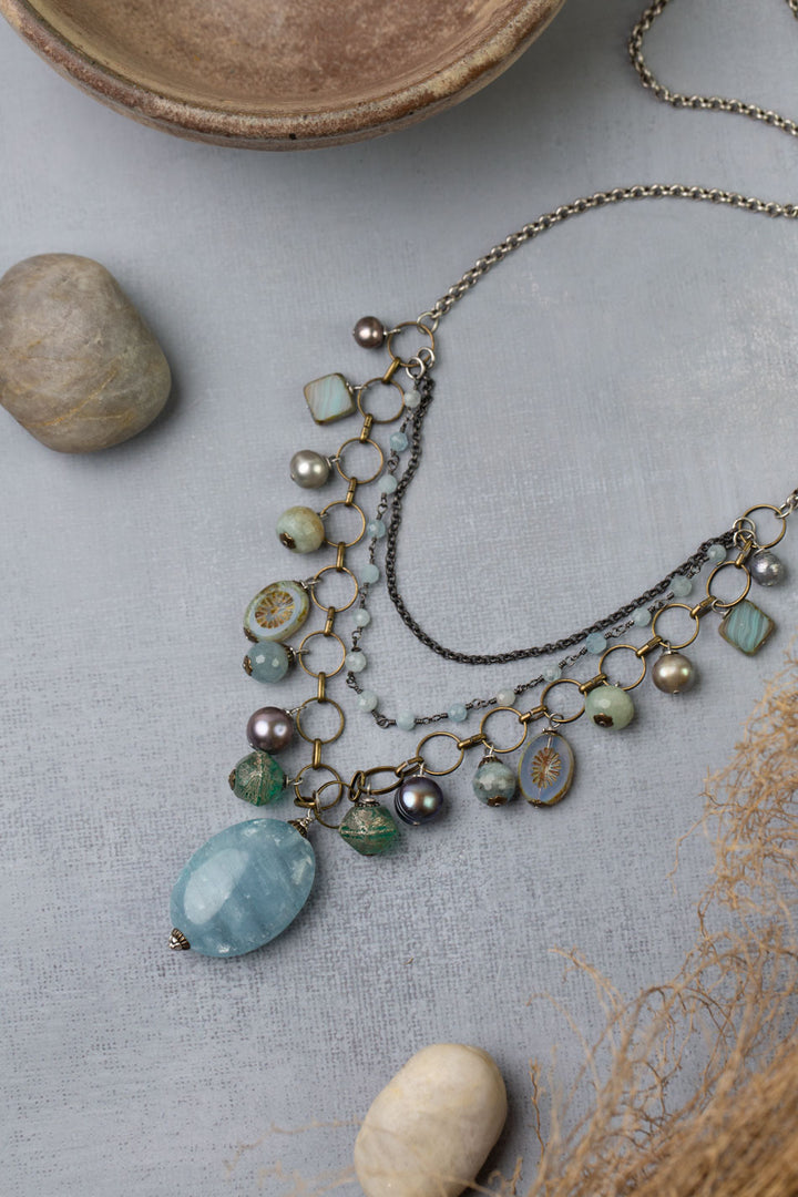 Venetian Dreams 22-24" Freshwater Pearl, Aquamarine, Abalone Shell With Limited Calcite Pendant Statement Necklace
