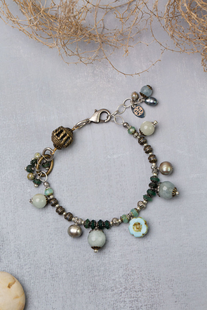 Venetian Dreams 7.5-8.5" Aquamarine, Czech Glass, Freshwater Pearl Statement Bracelet