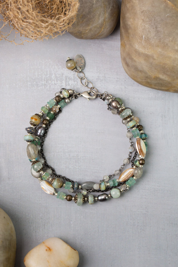 Venetian Dreams 7.5-8.5" Aquamarine, Roman Glass, Fluorite, Czech Glass, Freshwater Pearl Multistrand Bracelet