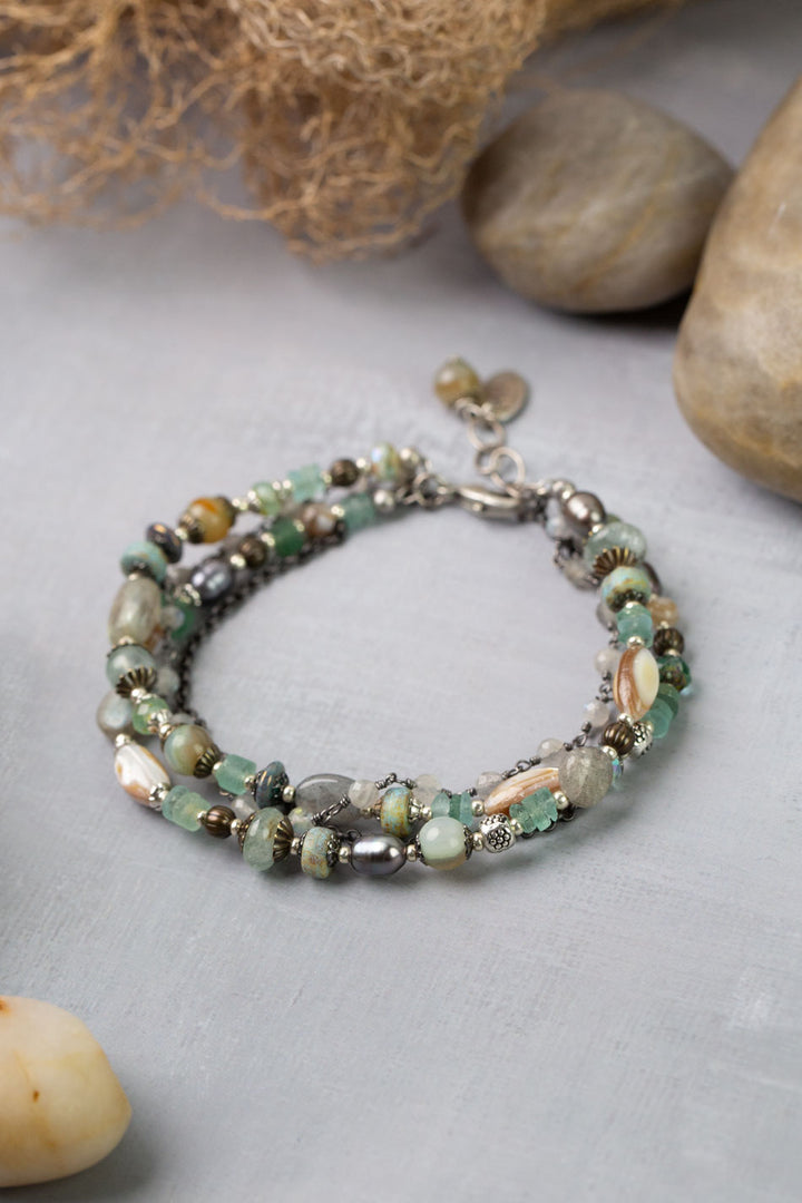 Venetian Dreams 7.5-8.5" Aquamarine, Roman Glass, Fluorite, Czech Glass, Freshwater Pearl Multistrand Bracelet