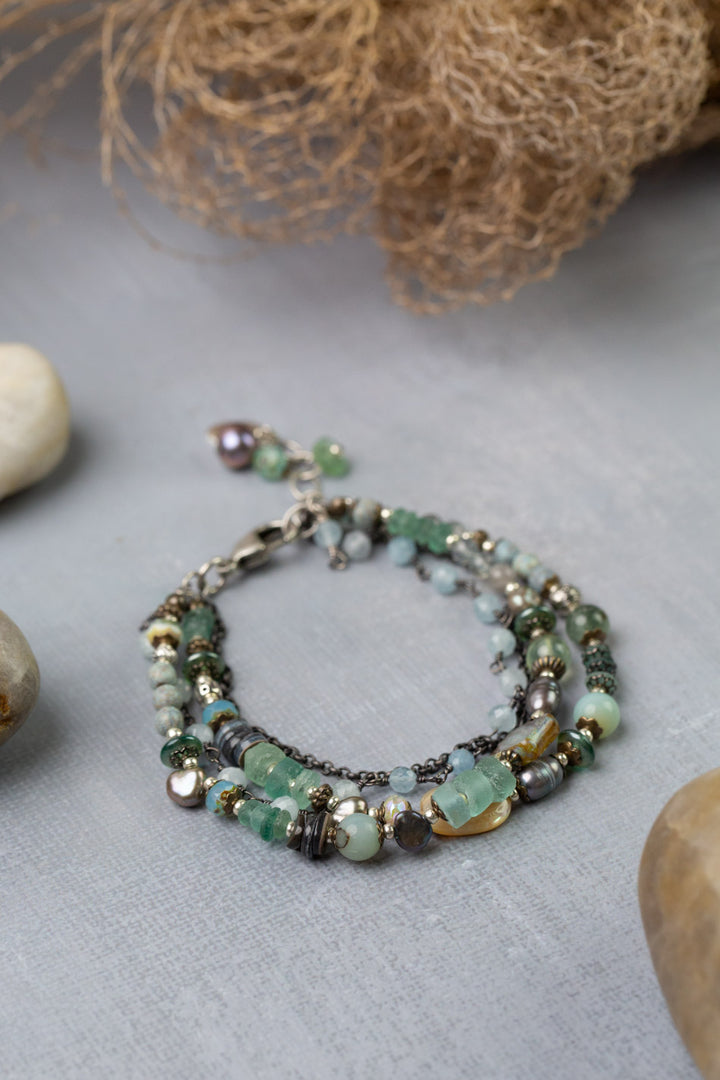 Venetian Dreams 7.5-8.5" Aquamarine, Roman Glass, Fluorite, Czech Glass, Freshwater Pearl Multistrand Bracelet