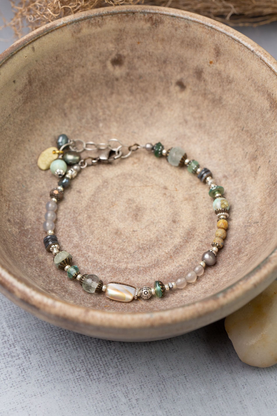 Venetian Dreams 7.5-8.5" Aquamarine, Abalone Shell, Czech Glass, Roman Glass, Freshwater Pearl Simple Bracelet