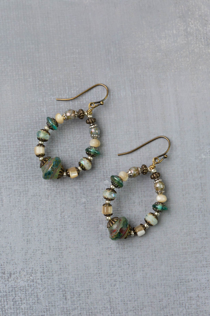 Venetian Dreams Czech Glass, Mother Of Pearl With Faceted Amazonite Briolette Hoop Earrings