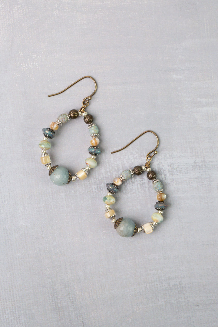 Venetian Dreams Czech Glass, Mother Of Pearl With Faceted Amazonite Briolette Hoop Earrings