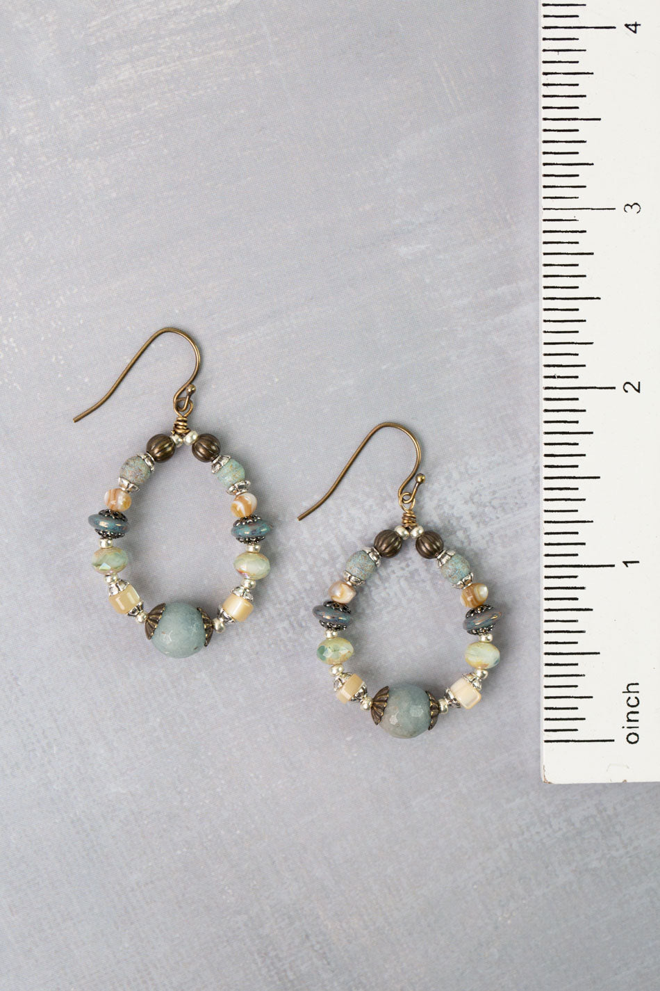 Venetian Dreams Czech Glass, Mother Of Pearl With Faceted Amazonite Briolette Hoop Earrings