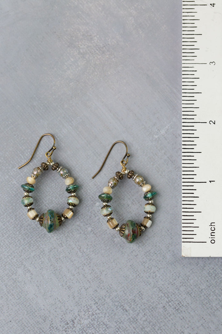 Venetian Dreams Czech Glass, Mother Of Pearl With Faceted Amazonite Briolette Hoop Earrings