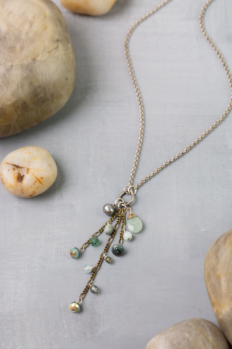 Venetian Dreams 16.5-18.5" Roman Glass, Fresh Water Pearl, Czech Glass With Aquamarine Tassel Necklace