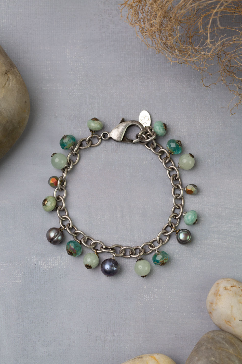 Venetian Dreams 7.5-8.5" Roman Glass, Freshwater Pearl, Czech Glass Charm Bracelet