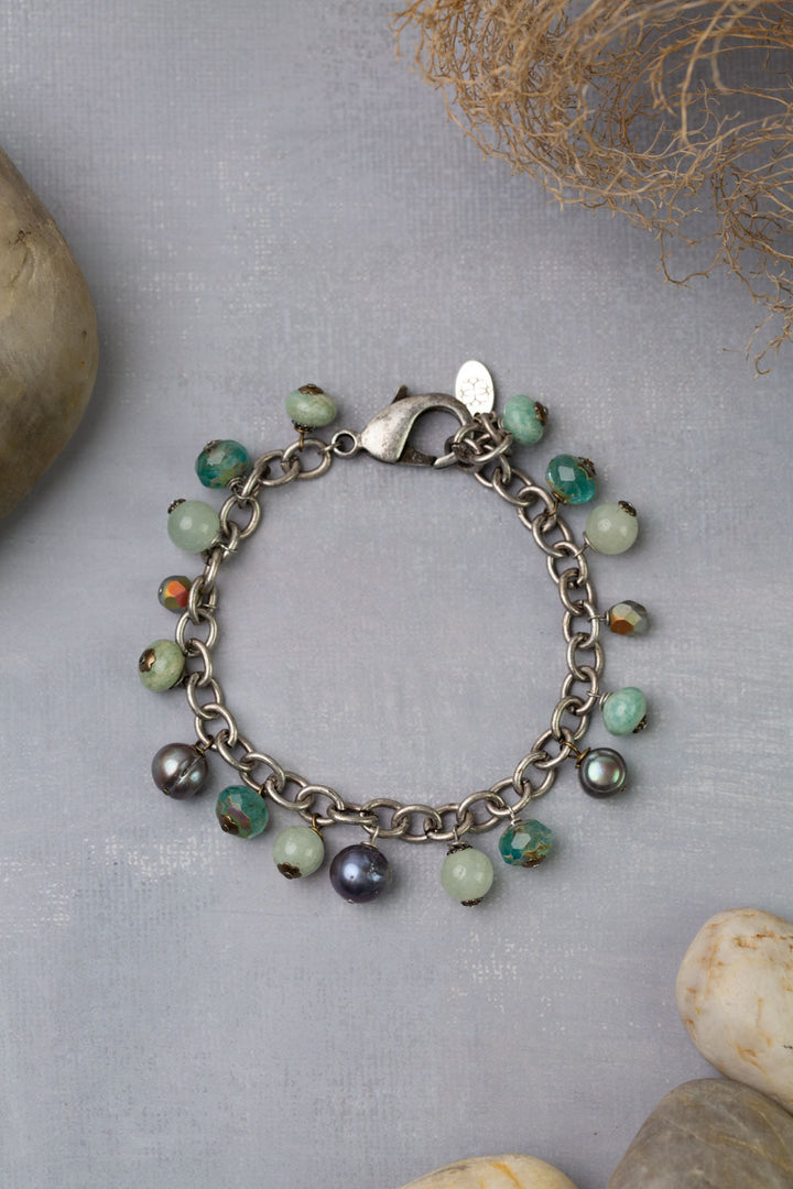 Venetian Dreams 7.5-8.5" Roman Glass, Freshwater Pearl, Czech Glass Charm Bracelet