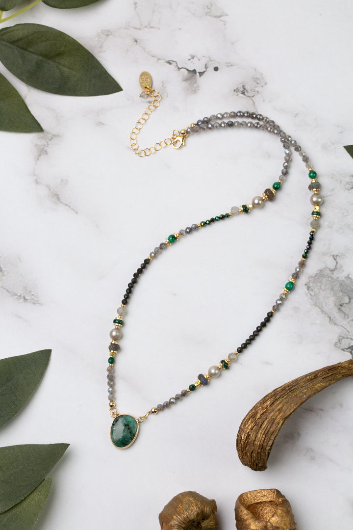 Verdant 18.5-20.5" Labradorite, Malachite, Freshwater Pearl With Emerald Collage Necklace