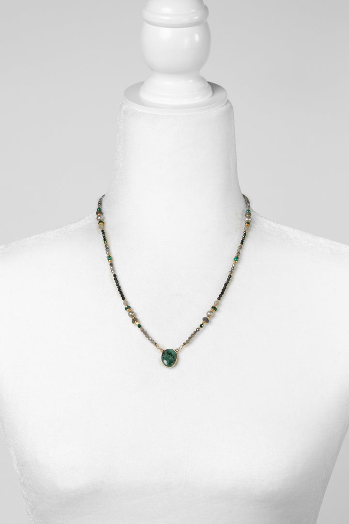 Verdant 18.5-20.5" Labradorite, Malachite, Freshwater Pearl With Emerald Collage Necklace