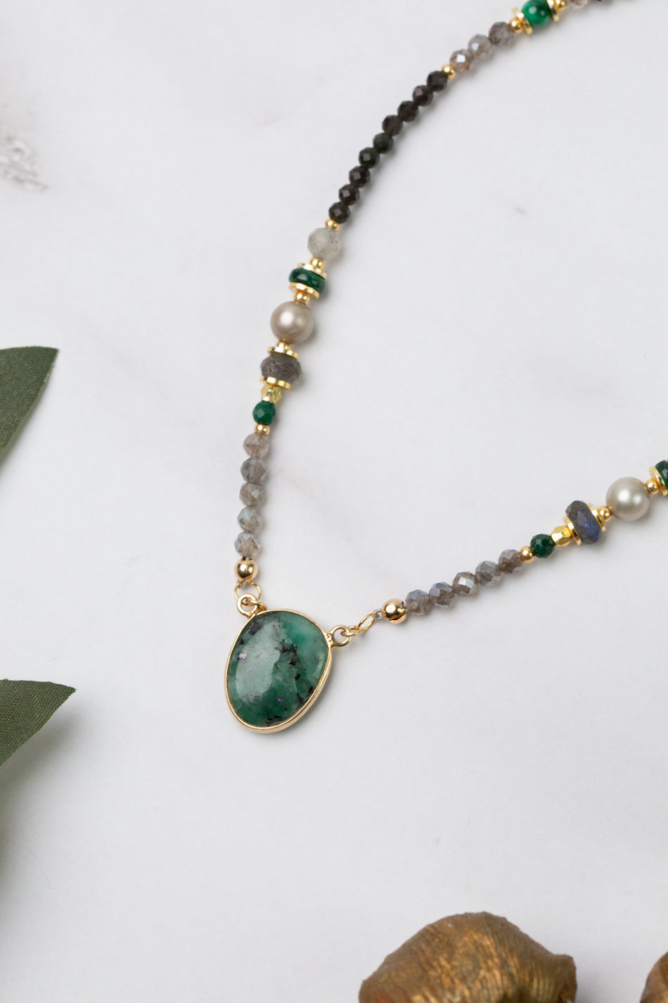 Verdant 18.5-20.5" Labradorite, Malachite, Freshwater Pearl With Emerald Collage Necklace