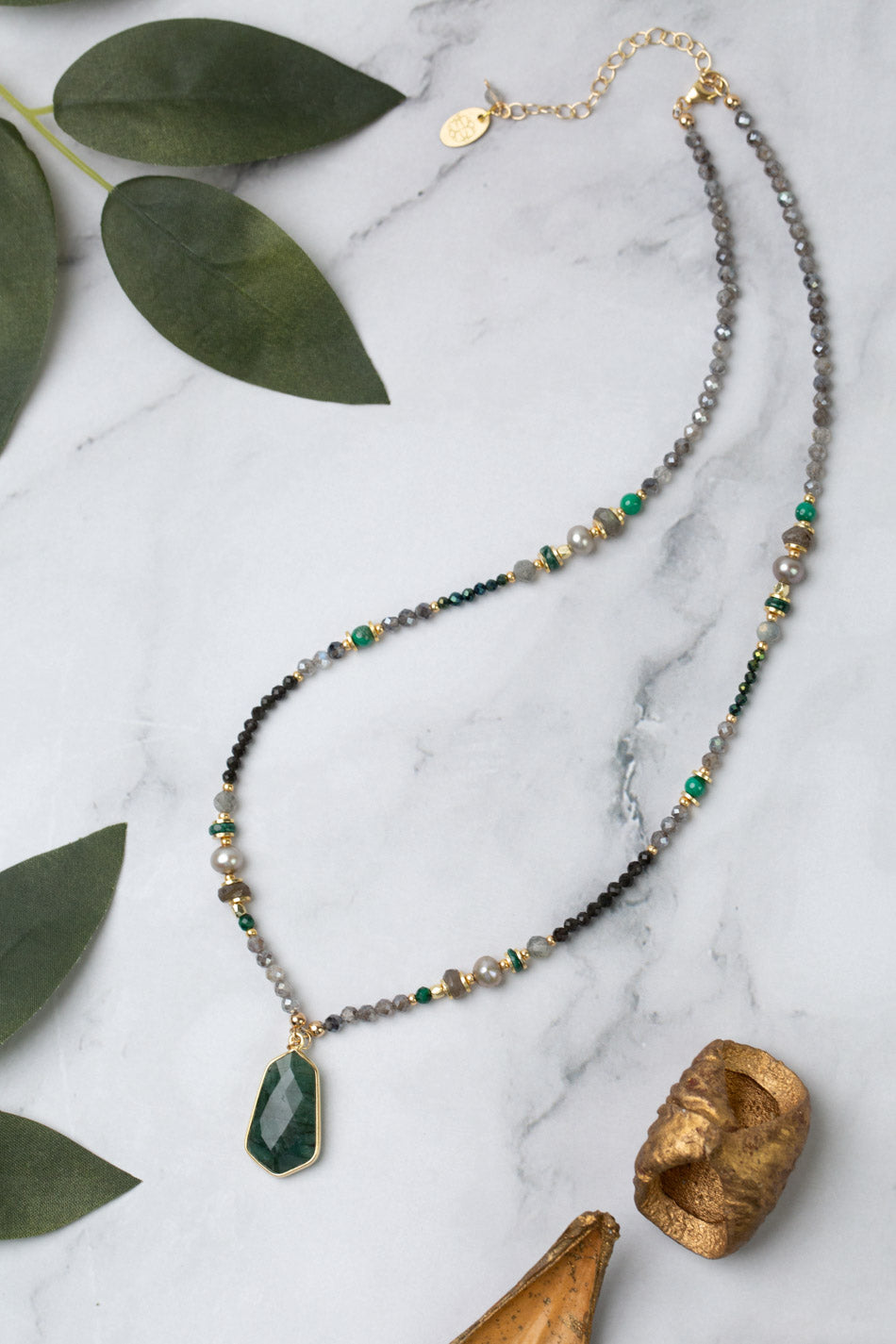 Verdant 18.5-20.5" Labradorite, Malachite, Freshwater Pearl With Emerald Collage Necklace