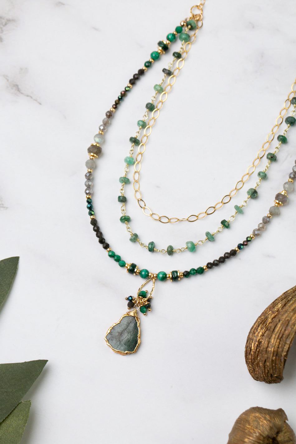 Verdant 16.5-18.5" Malachite, Labradorite, Cats Eye With Emerald Slab Cut Pendant Multistrand Necklace