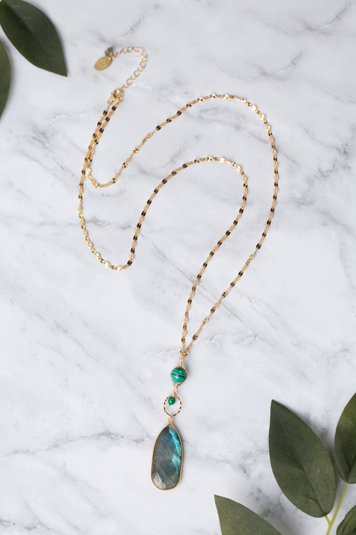 Verdant 25-27" Herringbone Gold Filled Wrapped Malachite With Faceted Labradorite Gold Bezel Simple Necklace