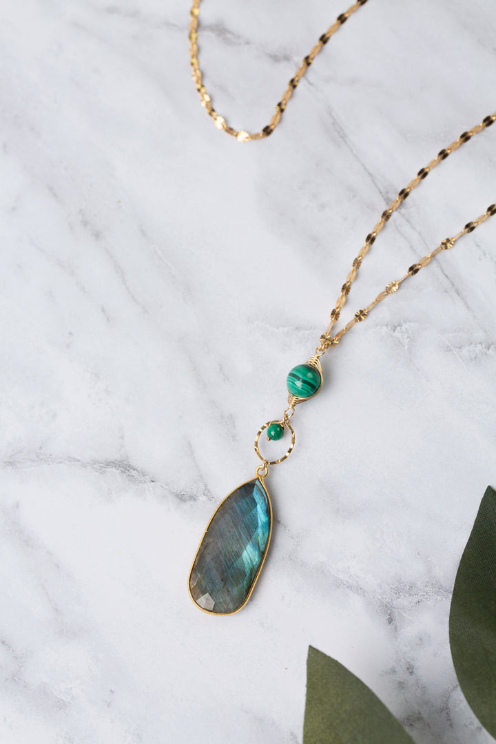 Verdant 25-27" Herringbone Gold Filled Wrapped Malachite With Faceted Labradorite Gold Bezel Simple Necklace
