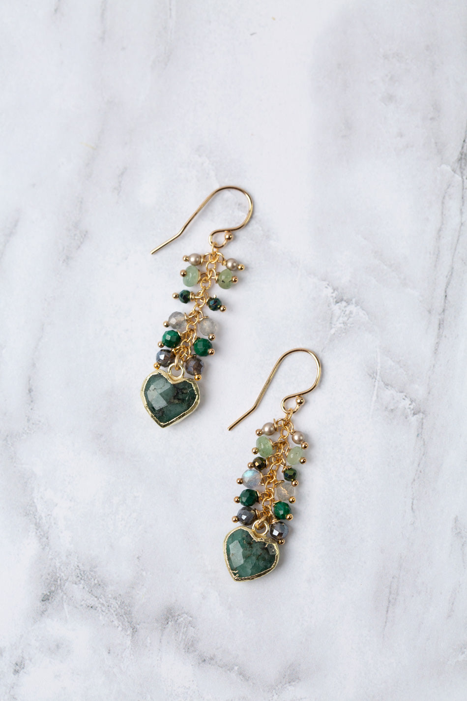 Verdant Labradorite, Freshwater Pearl, Pyrite With Gold Plated Emerald Heart Cluster Earrings