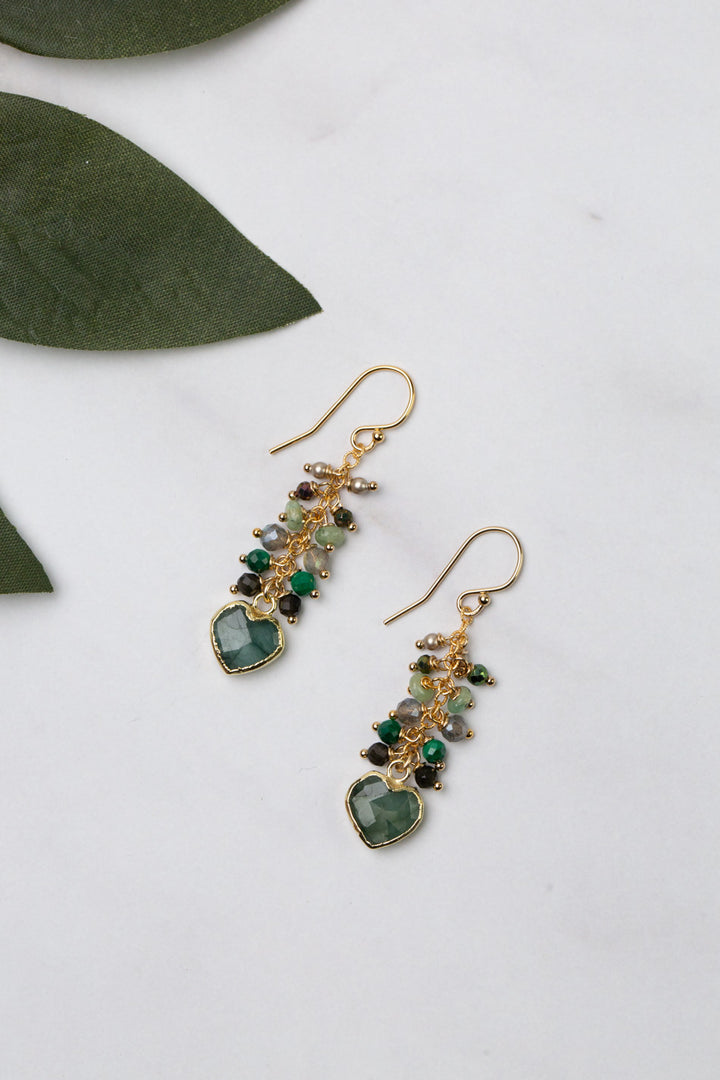 Verdant Labradorite, Freshwater Pearl, Pyrite With Gold Plated Emerald Heart Cluster Earrings