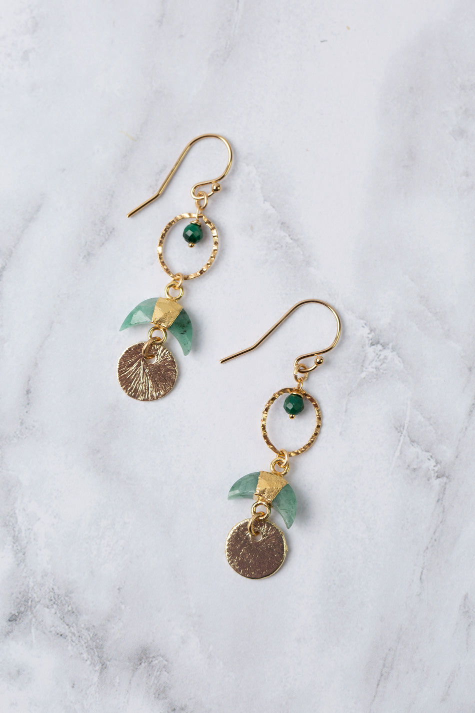 Verdant Faceted Malachite, Brushed Gold Coin With Gold Plated Emerald Crescent Moon Dangle Earrings