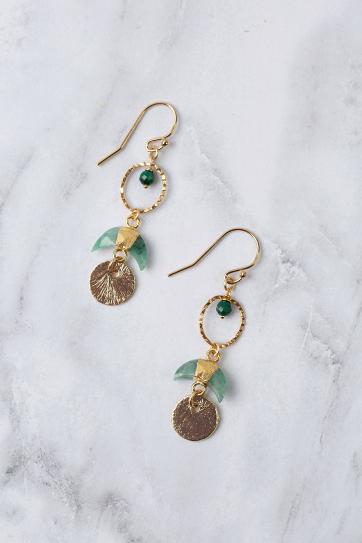 Verdant Faceted Malachite, Brushed Gold Coin With Gold Plated Emerald Crescent Moon Dangle Earrings