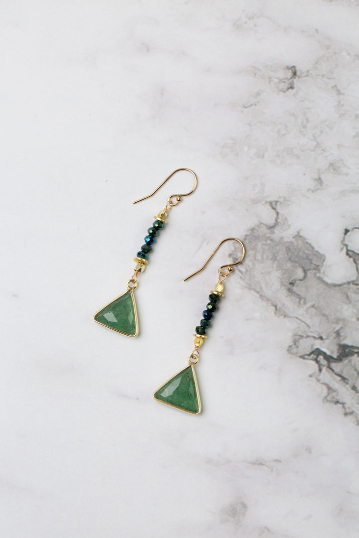 Verdant Pyrite With Green Aventurine Triangle Dangle Earrings